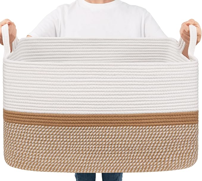 Goodpick Large Woven Rope Blanket Basket, Rectangle, White & Camel Mix by Goodpick