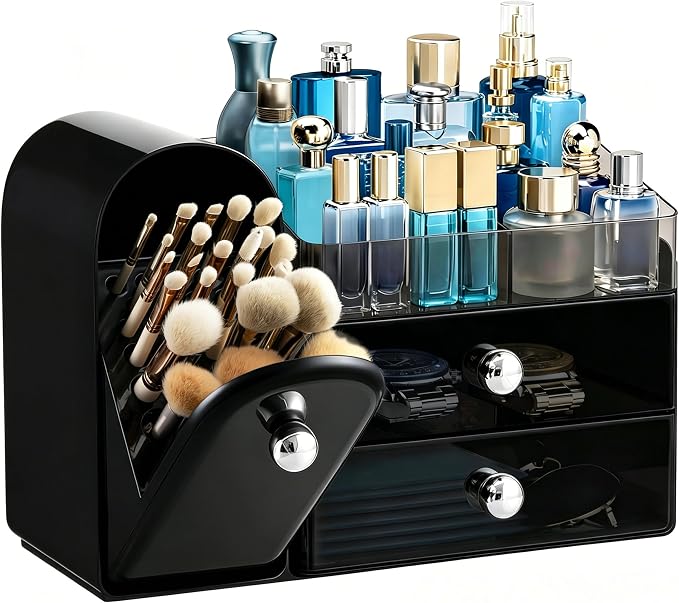 HBlife Makeup Organizer Countertop with Drawers, Cologne Organizer for Men, Vanity Organizers with Brush Holder, Bathroom Countertop Organizer Skin Care Storage, Gift for Dad Husband, Black Silver by HBlife