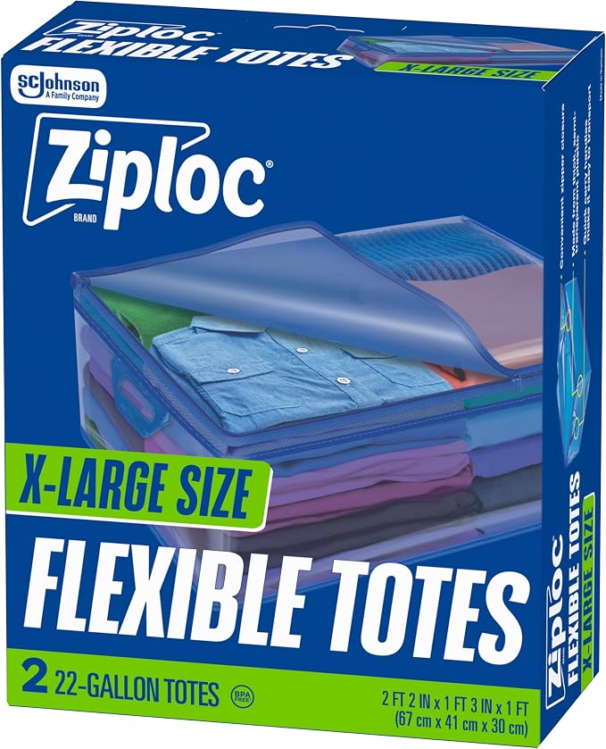 Ziploc Flexible Totes, X-Large Size, 22 Gallon, 2 Count Organizing Tote with Zipper and Built‑In Handles, Flexible & Stackable Clothing and Home Storage Bag by Unknown