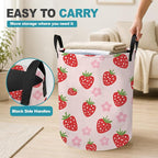Laundry Basket,Pink Strawberry Foldable Clothes Hamper with Handles,Cute Flower Waterproof Oxford Cloth Storage Organizer for Bedroom Bathroom College Dorm,16" x 20" - Image 5