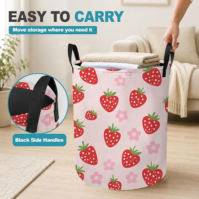 Laundry Basket,Pink Strawberry Foldable Clothes Hamper with Handles,Cute Flower Waterproof Oxford Cloth Storage Organizer for Bedroom Bathroom College Dorm,16" x 20" - Image 5