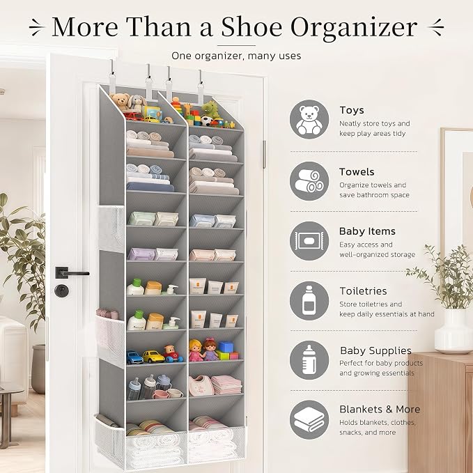 Criusia Over the Door Shoe Organizer, 20-30 Pairs Heavy-Duty Hanging Shoe Storage with Large Pockets, 10-Tier Door Shoe Rack with 4 Hooks for Sneakers Sandals Heels Boots (Gray) - Image 7