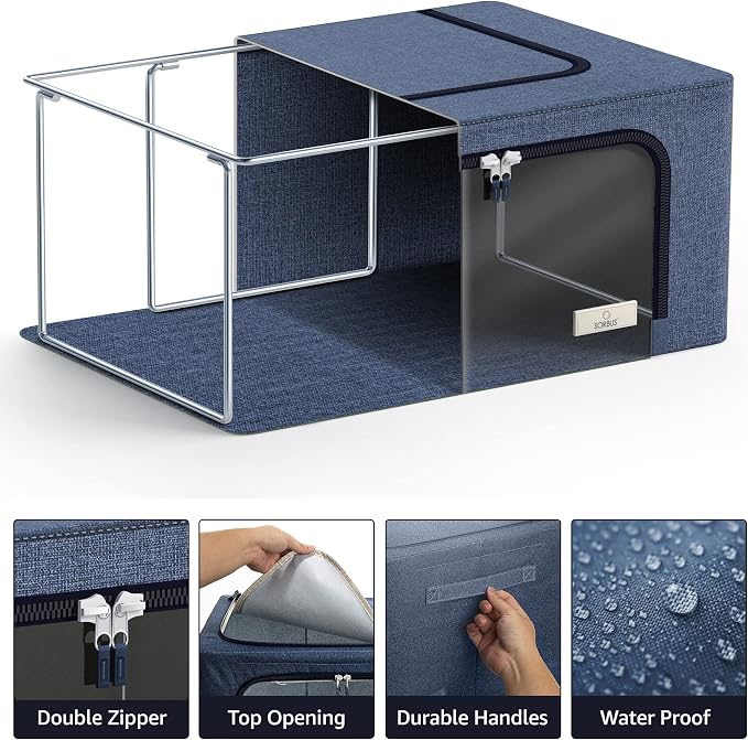 Sorbus Clothes Storage Bins, Clear Window & Handles (6 Pack, Blue) | Large foldable stackable boxes have easy-carry grips for bedding and linens in closets, bedrooms and laundry rooms. - Image 5