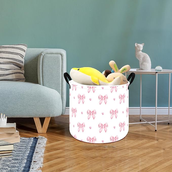 MAIZMZ 3 Pack Pink Storage Baskets for Girls Room, Round Laundry Basket with Handles,Toy Organizer Bin with Water-Resistant Lining, Foldable Nursery Basket for Clothes, Toys, Gifts, Bedroom - Image 2