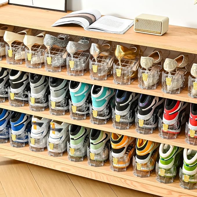 Shoe Slots Organizer,Elephant Shoe Rack Stable and Thick,Clear Shoe Stacker with 3 Adjustable Level for Sneakers Display (Transparent - Golden, 15Pack) - Image 9