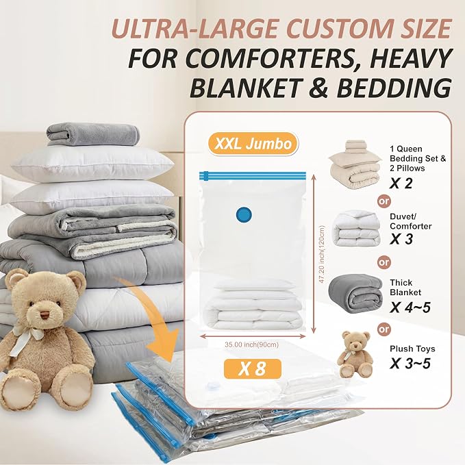 8 XXL Jumbo Vacuum Storage Bags for Bedding, Space Saver with Hand Pump | 47.2" x 35" Extra Large Vacuum Seal Bags for Bedding, Comforters, Blankets & Pillows; 80% Space-Saving Storage for Home - Image 3