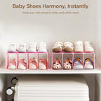 HBlife Pink Acrylic Kids Shoe Rack for Closet Organizers and Storage, Small Shoe Rack 4 Sections Toddler Baby Shoe Storage Organizer Stackable Shoe Shelf,Desk File Sorter Book Purse Organizer(2 Pack) - Image 3