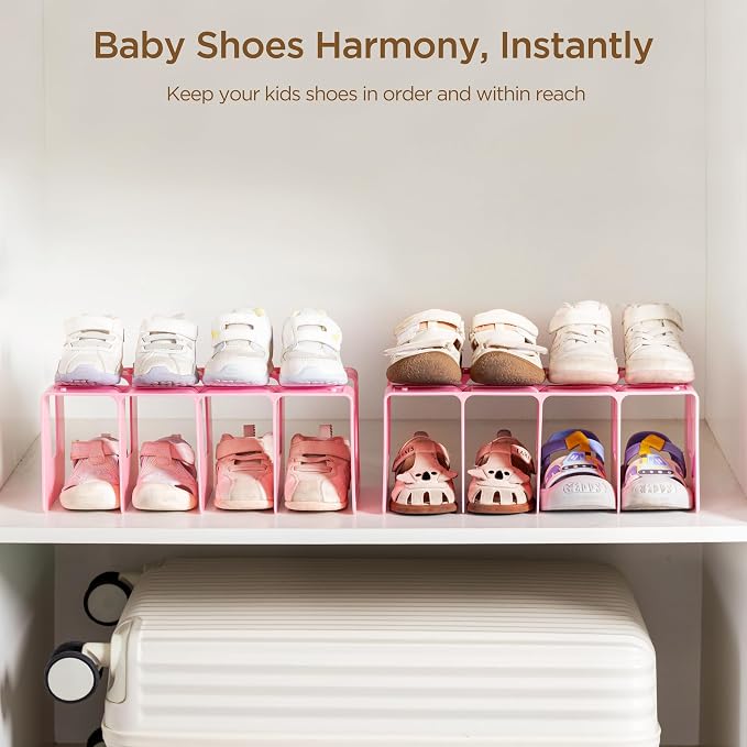 HBlife Pink Acrylic Kids Shoe Rack for Closet Organizers and Storage, Small Shoe Rack 4 Sections Toddler Baby Shoe Storage Organizer Stackable Shoe Shelf,Desk File Sorter Book Purse Organizer(2 Pack) - Image 3