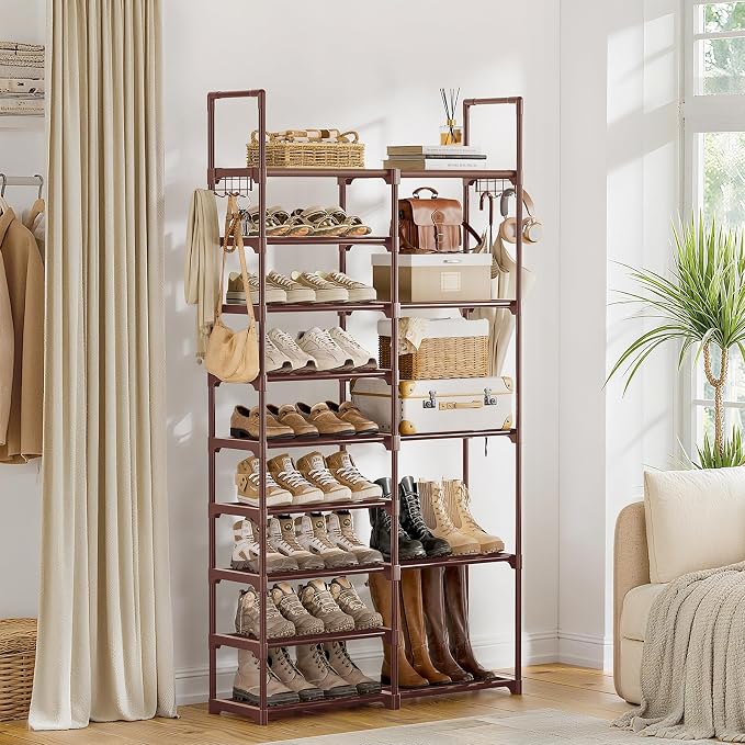 WOWLIVE 9 Tier 2-Column Shoe Rack, 30-35 Pairs Stackable Brown - Image 4