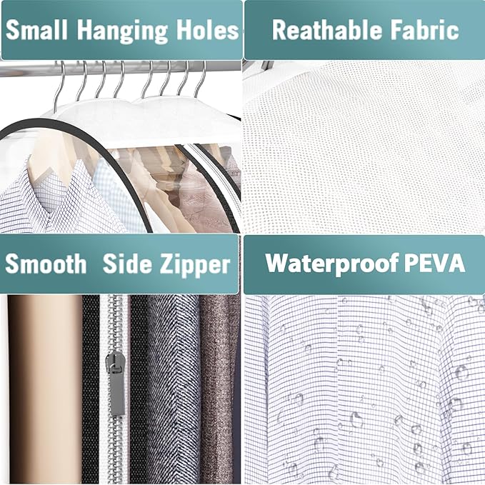 Liuoud Clear Garment Bags for Hanging Clothes 10” Gusseted, 4 Pack, 50” | Suit Bags for Closet Storage with Large Metal Zipper, Breathable odorless Hanging Plastic Clothes Cover for Coat Dress Fur - Image 7