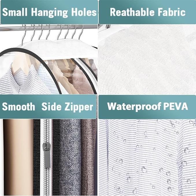 Liuoud Clear Garment Bags for Hanging Clothes 10” Gusseted, 6 Pack, 40”&50” | Suit Bags for Closet Storage with Large Metal Zipper, Breathable odorless Hanging Plastic Clothes Cover for Coat Dress Fur - Image 7