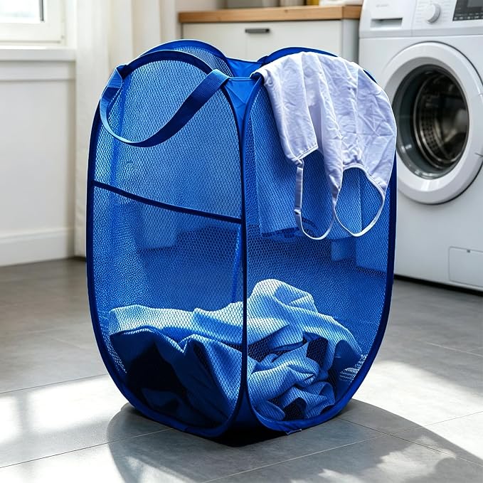 Larpur Mesh Laundry Basket, Pop up Laundry Hamper with Handles, Collapsible Clothes Basket for Travel, College, Dorm, Royal Blue - Image 3