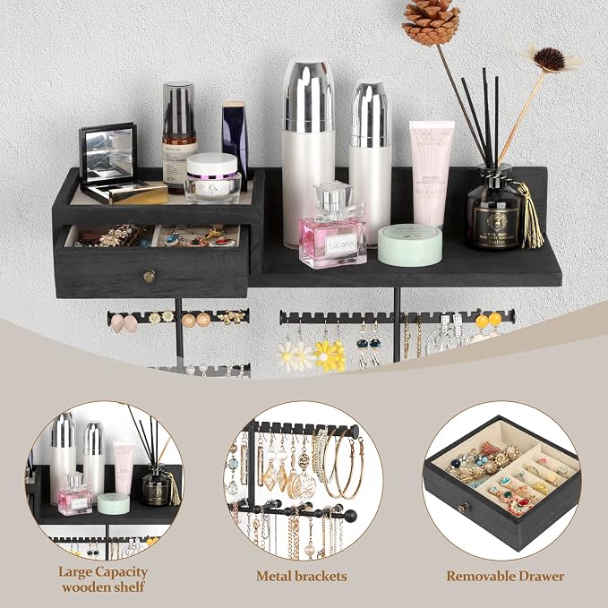 VINAEMO Jewelry Organizer Hanging Wall Mounted Jewelry Holder with Rustic Wood Drawer & Large Capacity Storage Shelf Rack Display for Earrings Rings Necklaces Bracelet(Black) - Image 3