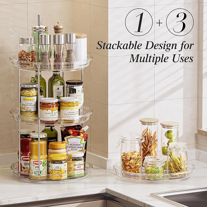 LAMU Rotating Makeup Organizer for Vanity, 10.6in 2 Tier Lazy Susan Turntable Stackable Spinning Skincare Organizer Cosmetic Perfume Tray Display for Bathroom Counterop, Large Capacity, Clear - Image 6