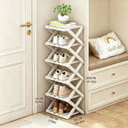 6 Tier Foldable Shoe Rack, Bamboo Vertical Shoe Organizer Tall for Multifunctional Narrow Shoe Shelf for Entryway, Closet, Corner, Bedroom, Hallway(White) - Image 2