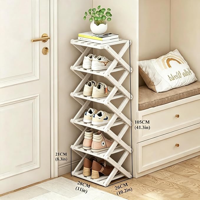 6 Tier Foldable Shoe Rack, Bamboo Vertical Shoe Organizer Tall for Multifunctional Narrow Shoe Shelf for Entryway, Closet, Corner, Bedroom, Hallway(White) - Image 2