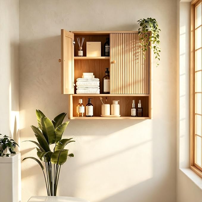 Bathroom Wall Cabinet, Medicine Cabinet with Adjustable Wood Shelf & Doors, Over The Toilet Storage Organizer Wall Mounted Storage Cabinet for Laundry Room, Kitchen, Living Room, Cupboard, Oak - Image 7