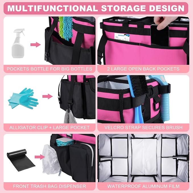 Large Cleaning Caddy With Detachable Divider And Support Board, Large Cleaning Supply Caddy With Adjustable Shoulder Strap & Waist Belt For Cleaners,Housekeepers - Image 3