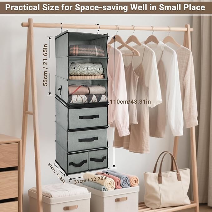 2-in-1 Durable 6-Tier Hanging Closet Organizer with 4 Removable Drawers,2 Separable 3-Tier Thickened Fabric Hanging Shelf Clothes Storage Organization Space-saving for Bedroom,Dorm,Guestroom,RV,Travel - Image 3