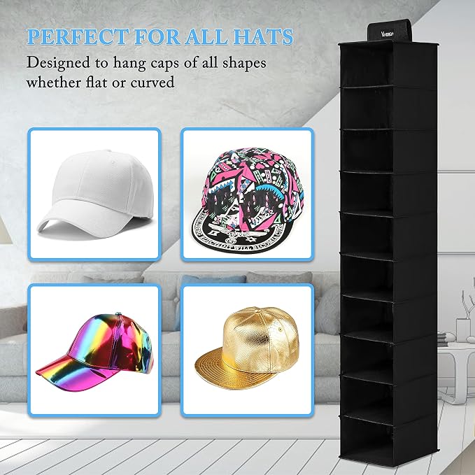 VAESIDA Hat Rack for Closet, 10 Shelf Hanging Hat Organizer for Baseball Caps Storage, Hat Holder Organizer for Hat Display, Best Space Saving Hat Racks for Baseball Cap Organizer, Black - Image 4