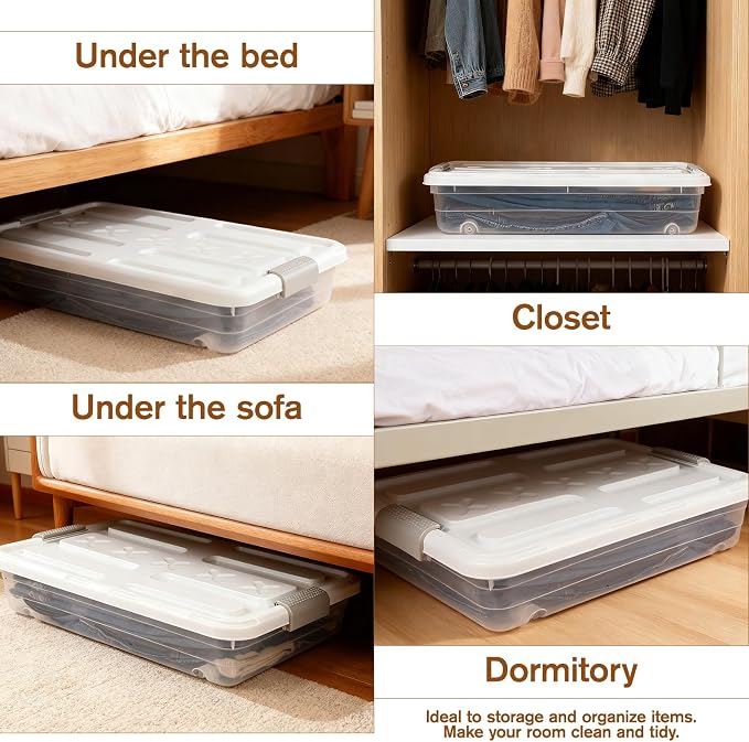 4 PCS*37 Qt Wheeled Latching Under Bed Storage, Stackable Bin with Latch Lid, Plastic Container to Organize Shoes Underbed, Clear with White Lid(White) - Image 4