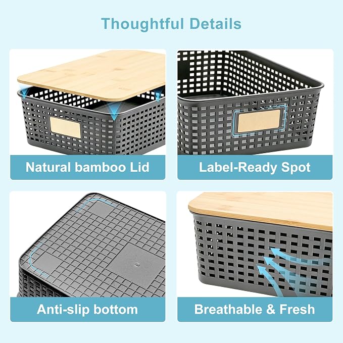 Bagnizer 4 Pack Plastic Storage Bins with Bamboo Lids, 6.2qt Stackable Storage Organizer Box with Lable for Pantry Shelves Drawers Desktop Office, 12"L x 8.3"W x 3.5"H, Gray - Image 8