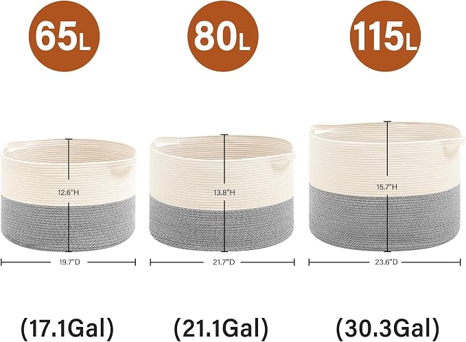Foldable Laundry Hamper Basket with Collapsible Handle Cotton Rope Soft Woven Fabric Storage Organizer Clothes Toys Nursery Bedroom Dorm Space Saving Bin (White & Light Grey, 115L(23.6"D x 15.7"H)) - Image 8