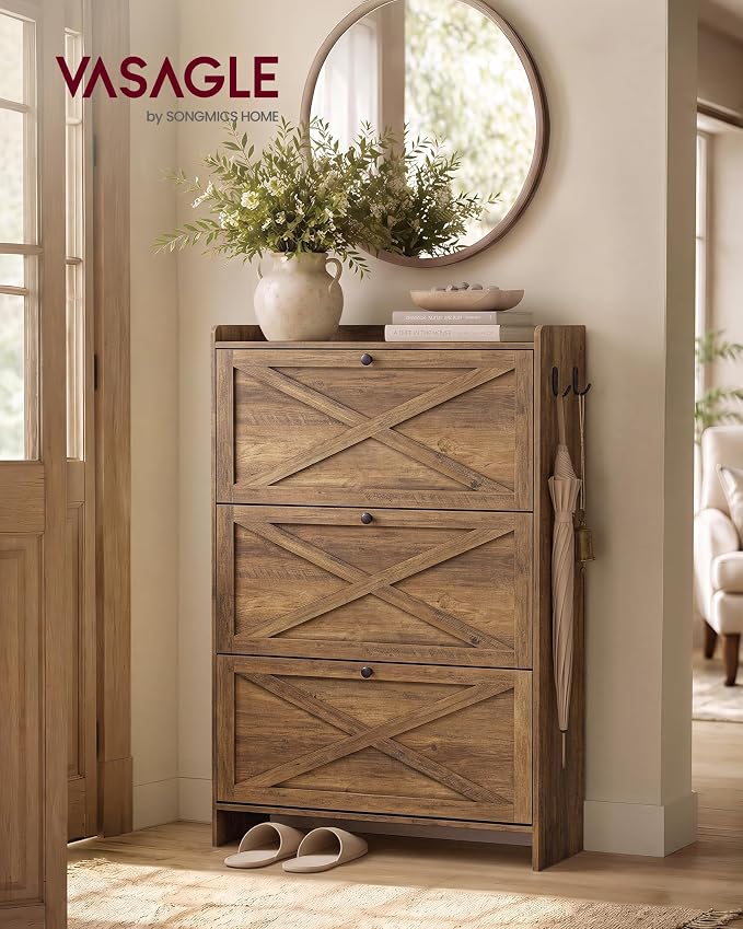 VASAGLE Narrow Shoe Storage Cabinet Organizer with 3 Flip Drawers | Freestanding Shoe Rack, Fits 14 to 16 Pairs, for Entryway, Farmhouse Style, Rustic Brown, HANIS Collection UHSC303KB01S - Image 3