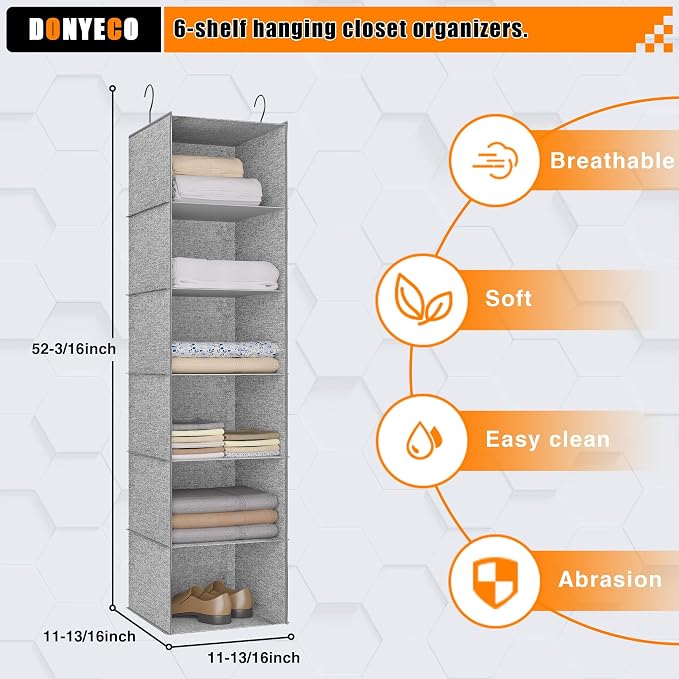 Hanging Closet Organizer 6-Shelf, Oxford Linen Wardrobe Storage, Gray | Easy-mount foldable design holds clothes, handbags, shoes & accessories; washable Oxford fabric, sturdy and space-saving. - Image 3