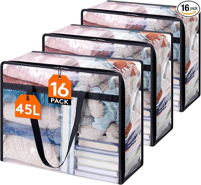 Lifewit 45L Clear Clothes Storage Bags,Plastic Foldable Blanket Storage Bag | 16 Pack Vinyl Foldable Moving Bags with Zipper, Closet Organizers and Storage Containers for Bedding, Duvet, Comforter by Lifewit