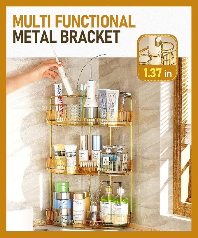EUHOME 3-Tier Corner Bathroom Counter Organizer Makeup Cosmetic Storage, Tool-Free Installation Acrylic Vanity Shelf, Countertop Storage Organizers Perfume Tray for Bathroom, Dresser, Kitchen (Gold) - Image 3