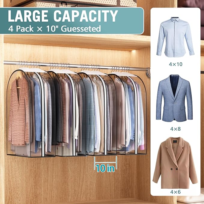 Liuoud Clear Garment Bags for Hanging Clothes 10” Gusseted, 4 Pack, 32” | Suit Bags for Closet Storage with Large Metal Zipper, Breathable odorless Hanging Plastic Clothes Cover for Coat Dress Fur - Image 2