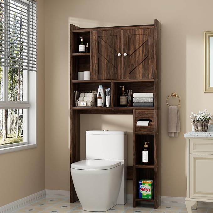 Shintenchi Over the Toilet Storage Cabinet, Bathroom Storage Cabient with Barn Doors, Bathroom Storage Shelf Organizer with Toilet Paper Holder, Adjustable Shelf and Anti-Tip Device, Walnut by Shintenchi%7CFurnitureMadeforRealLife