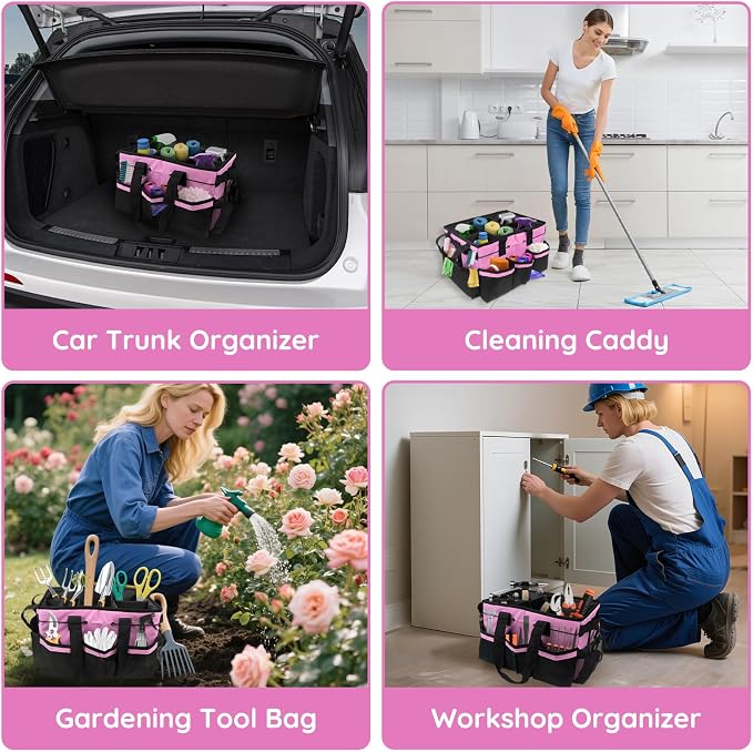 ZKOO Large Cleaning Caddy Bag with Handle, Built-in Sturdy Support Board, Adjustable Shoulder Strap, Multi-compartment Design Cleaning Supply Tote for Cleaners & Housekeepers (Pink) - Image 7