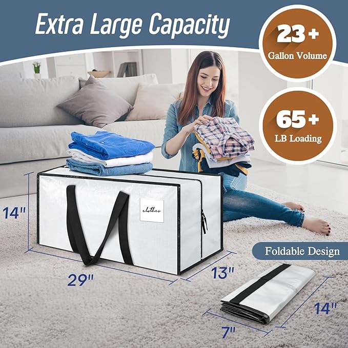 6 Pack Extra Heavy Duty Large Moving Bags with Strong Zipper, White | Comfortable Handles, Sturdy & Durable Clothes Storage Bags Totes Bins, Blue Packing Moving Boxes for College Supplies - Image 3