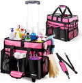 Cleaning Caddy with Wheels, Rolling Cleaning Supplies Organizer with Bottom Board, Dividers & Shoulder Strap, Portable Utility Tote with Small Trolley, Rose Pink by TWINDLE