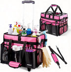 Cleaning Caddy with Wheels, Rolling Cleaning Supplies Organizer with Bottom Board, Dividers & Shoulder Strap, Portable Utility Tote with Small Trolley, Rose Pink by TWINDLE