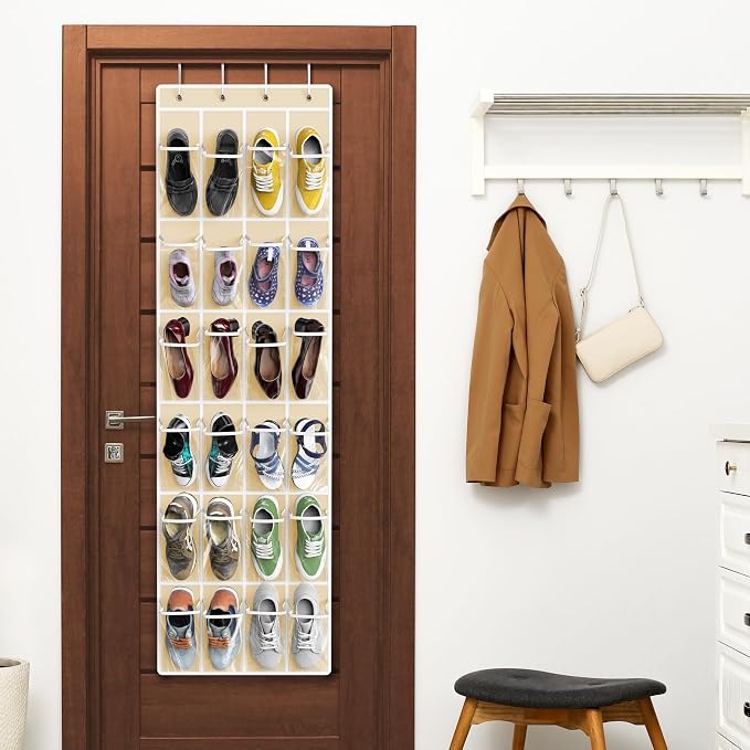 Simple Houseware 24 Pockets Clear Over the Door Shoe Organizer, Beige | 64" x 19", 4 Durable Metal Hooks, 4.3" x 9.5" Pocket Size, Multipurpose - Image 6