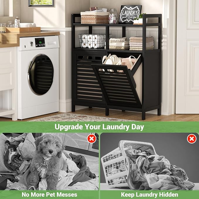 Homykic Tilt Out Laundry Hamper Cabinet, Bamboo Laundry Organizer, Black - Image 5
