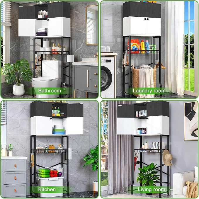 Over-The-Toilet Storage Rack, 4-Tier Bathroom Organizer Shelf Over Toilet with Barn Doors Cabinet and Basket, Freestanding Space Saver Bathroom Shelves with Paper Holder Above Toilet (Black & White) - Image 6