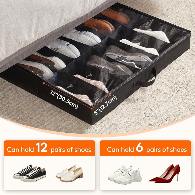 Lifewit Under Bed Shoe Storage Organizer 1 Pack(12 Shoes Cells+4 Boots Cells), 4.3 Inches Profile Fabric Shoes Container Box with Clear Cover, Foldable Storage Bag with 2 Handles, Fits 10 to 16 Pairs - Image 4