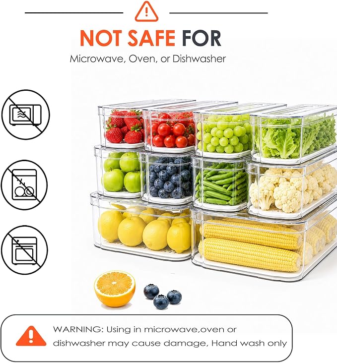 SMRCAD Clear Fridge Bins with Drain Trays - BPA-Free PET, Stackable - Image 3