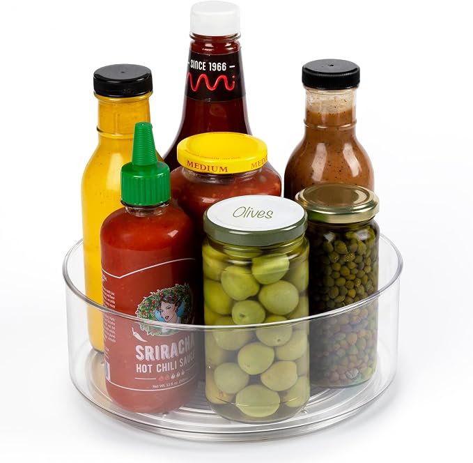Kitchen Spaces Compact Lazy Susan Organizer, Fridge or Cabinet Turntable Shelf Storage for Kitchen and Pantry Items, Great for Spices or Condiments, Clear and Sturdy with Full Spin, 9 x 9 x 3.4 inches by KitchenSpaces