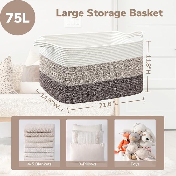 Goodpick Large Woven Rope Blanket Basket, Rectangle, White Brown - Image 3