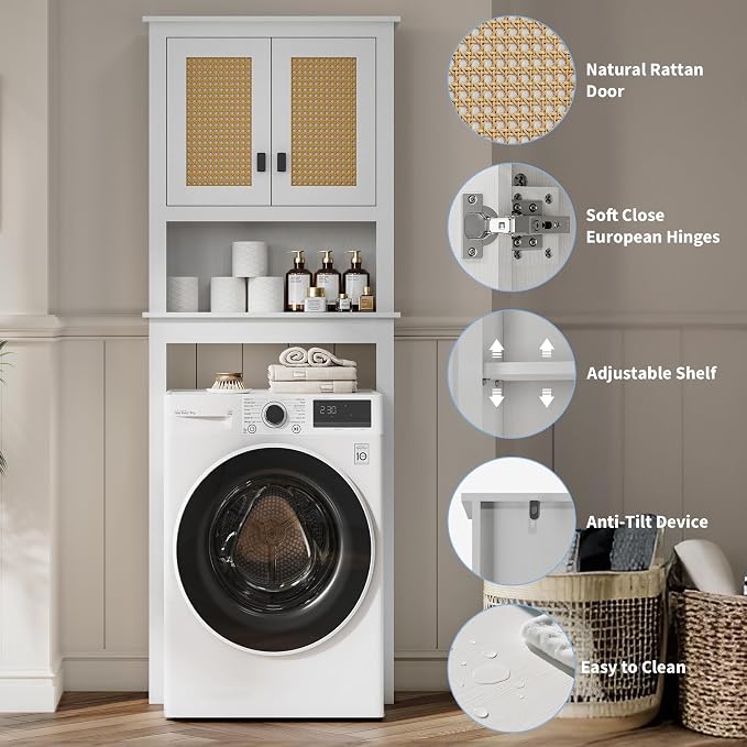 GarveeHome Over The Toilet Storage Cabinet, Farmhouse Over Toilet Bathroom Organizer with Rattan Doors, Freestanding Wood Above Toilet Storage Cabinet with Adjustable Shelf, White - Image 6