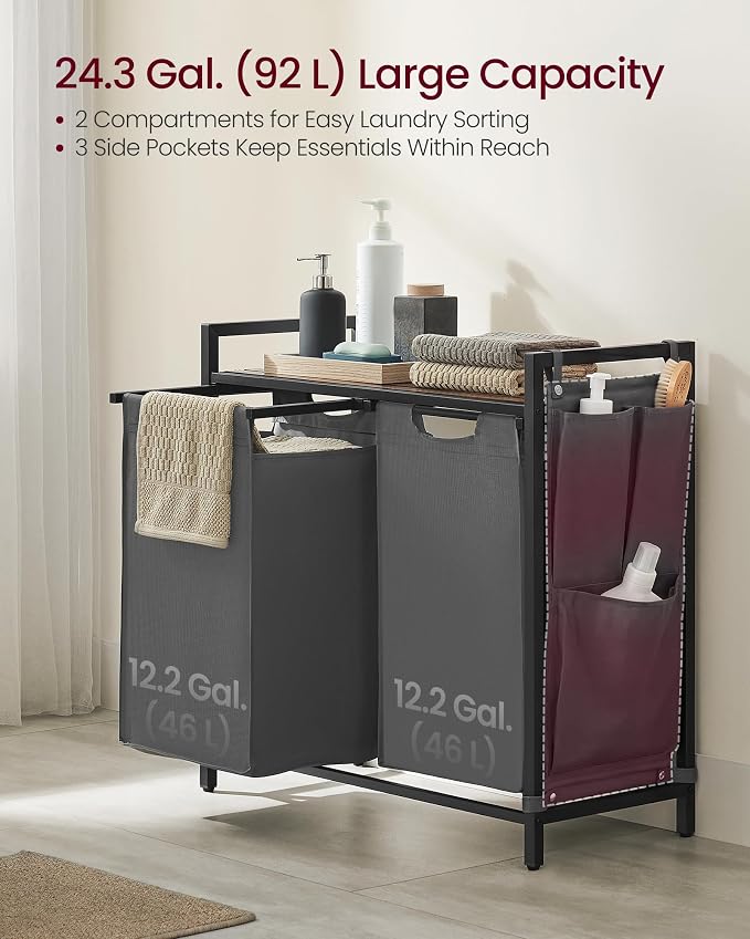 VASAGLE Laundry Hamper with Shelf, 2 Pull-Out Bags, 2 x 12.1 Gallons (46 L) - Image 3