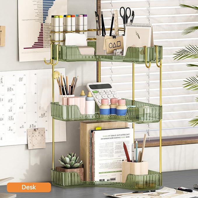 3-Tier Corner Bathroom Counter Organizer，Makeup & Skincare Shelf with Built-in Brush Holder，Space-Saving Bathroom Countertop Organizer for Skincare, Perfume, Cosmetics(Green) - Image 6