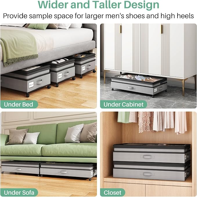 Kitstorack 4 Pack Height-adjustable Under Bed Storage with Wheels, Under Bed Storage Containers,Under Bed Shoe Storage Organizer with Clear Window&Label, Suitable for Clothes Storage, Gray - Image 7