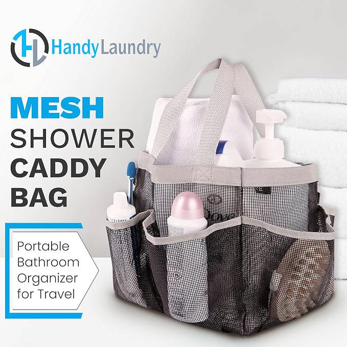 Handy Laundry Mesh Shower Caddy Portable for College Dorm Room Essentials, 7 Pocket Hanging Tote, Quick Dry Lightweight Toiletry Organizer, Reinforced Handles for Gym, Beach, Travel, Camping (Black) - Image 2