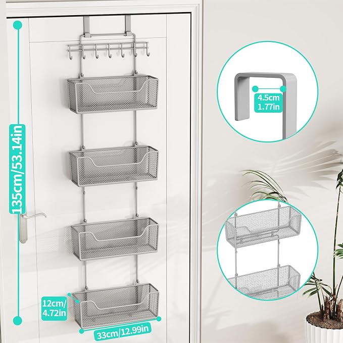 HapiRm Over The Door Organizer - Hanging Door Organizer with 4 Metal Large Capacity Baskets and Adjustable Coat Hook for Bathroom Bedroom Kitchen Pantry Closet Cabinet - Image 3